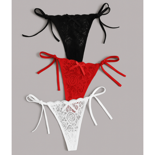 Büyük Beden Kadın 3'lü Dantelli Yandan Bağlamalı Seksi Tanga