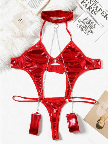 Fantezi Seksi Zincirli Kelepçeli Lame Gecelik