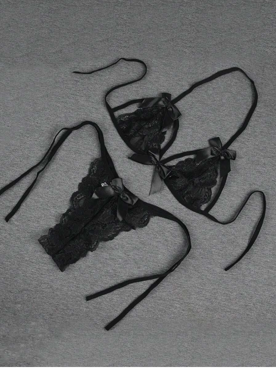 Fantezi Seksi Siyah Fiyonk Süslemeli Dantelli Sütyen String Takımı