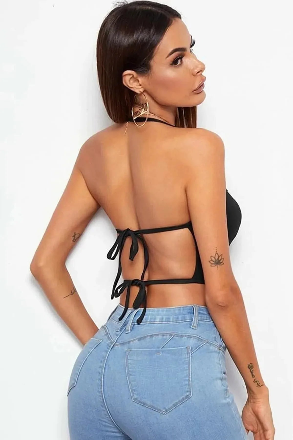 Kadın Sırtı Açık Siyah Belden Bağlamalı Crop Büstiyer