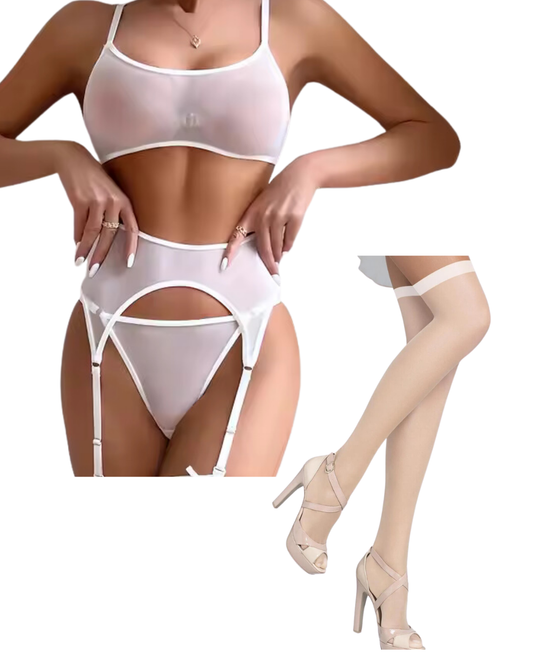 Fantezi Beyaz Transparan Tül Jartiyer Takımı