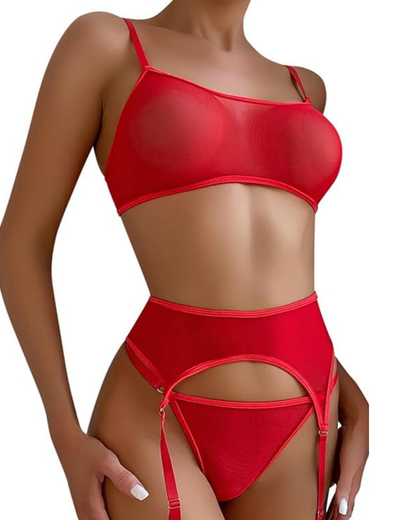 Fantezi Kırmızı Transparan Tül Jartiyer Takımı