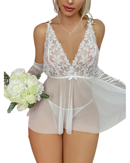 Fantezi Beyaz Dantelli Transparan Tül Etekli Seksi Elbise Gecelik