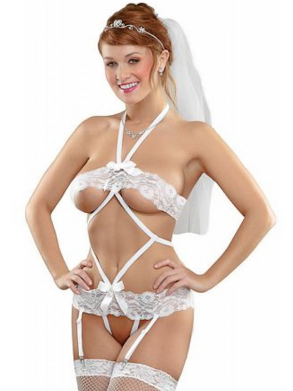 Fantezi Duvaklı Dantelli Seksi Gelin Jartiyer Takımı