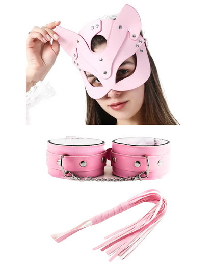 Fantezi Deri Seksi Pembe Kedi Maske Kelepçe Kırbaç Seti ( 3'lü set)